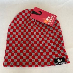 MENS ECKO UNLTD CHECKED GRAY RED BEANIE HAT CAP OS